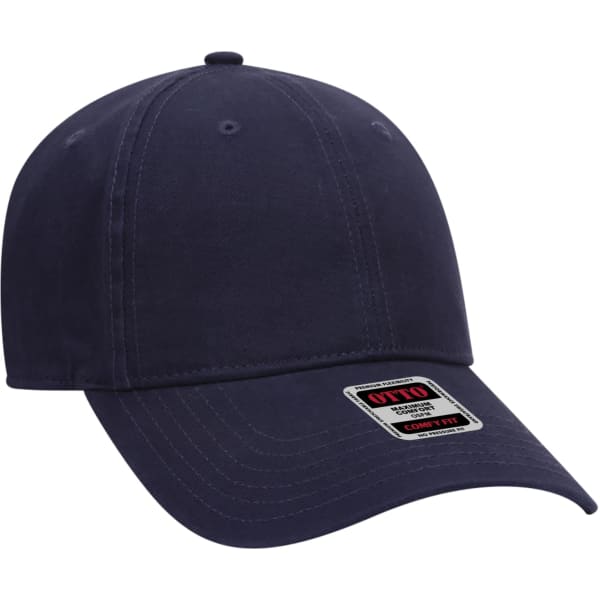 A navy blue six-panel dad hat with a curved brim and a logo label on the front.