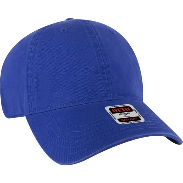 A blue dad hat with a curved brim and a logo on the front. Suitable for casual wear.
