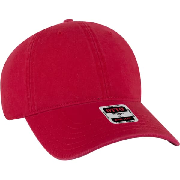 A red low profile dad hat featuring a logo on the front and a classic curved brim.