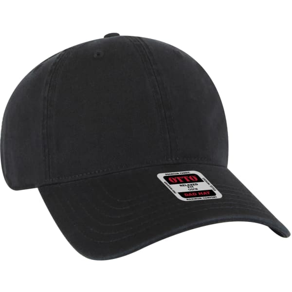 A black low profile dad hat with a curved brim and a logo tag.