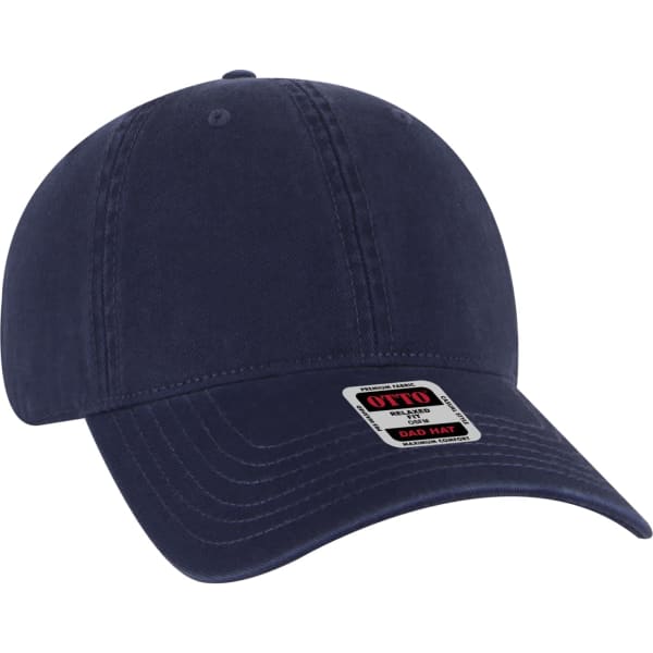 A navy blue low profile dad hat with an adjustable strap and a logo on the front.