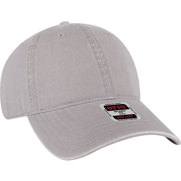 Low profile style dad hat in light grey with an adjustable strap and a logo on the front.