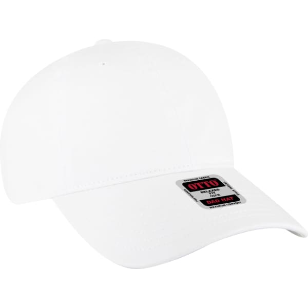 A white low profile dad hat with a branded logo on the front.