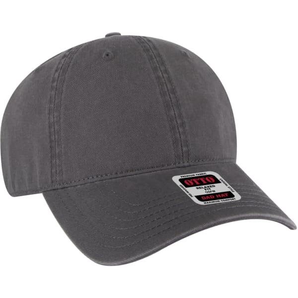A grey low-profile dad hat with a curved brim and an adjustable strap at the back. It features a logo tag.