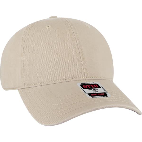 A beige dad hat featuring a curved brim and a branding label on the front.