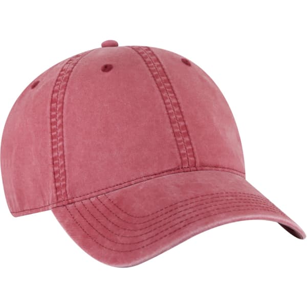 A low profile dad hat in a faded pink hue with stitching details and a curved brim. It features a logo.