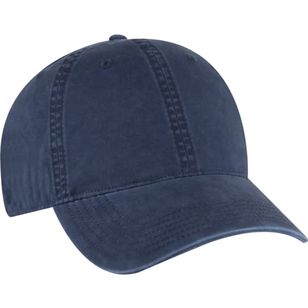 A navy blue low profile dad hat with a curved brim and a logo on the front. 