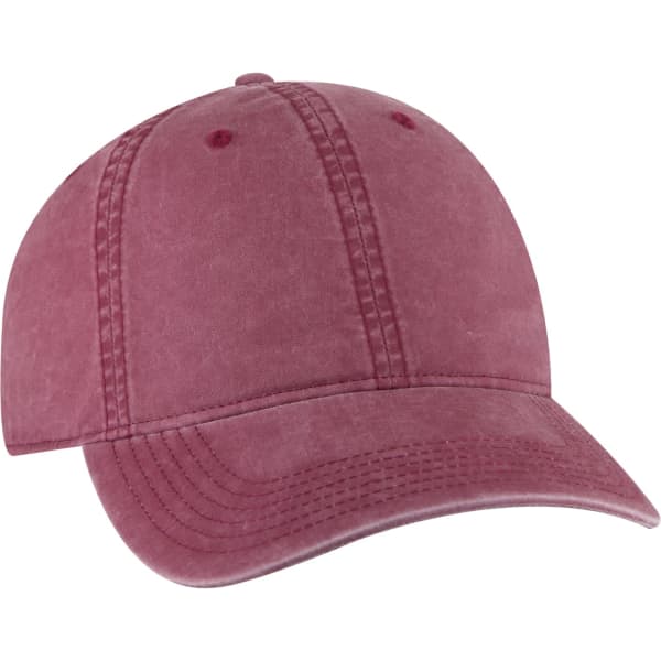 A maroon low profile dad hat with a curved brim and stitching details, featuring a branding logo on the side.