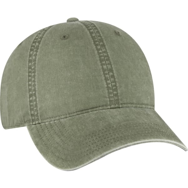 A low profile dad hat in a muted green colour with stitching details and a curved visor. It features a logo.