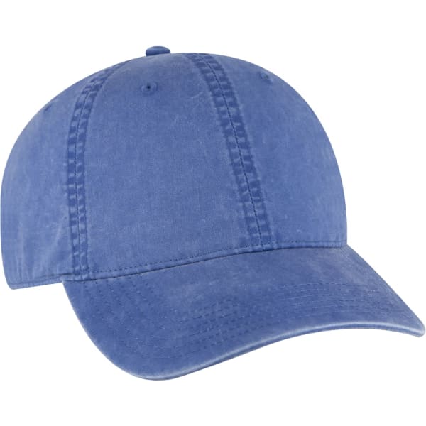 A blue low profile dad hat with a curved brim and an adjustable strap, featuring a simple logo.