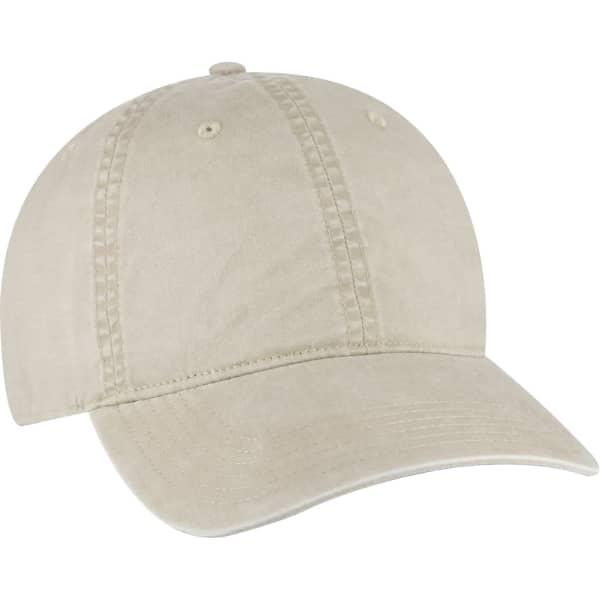 A low-profile beige dad hat with a curved brim, featuring a logo on the front.