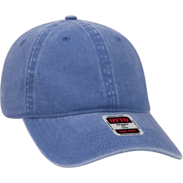 A blue 6 panel dad hat with a curved brim and a brand logo on the front.