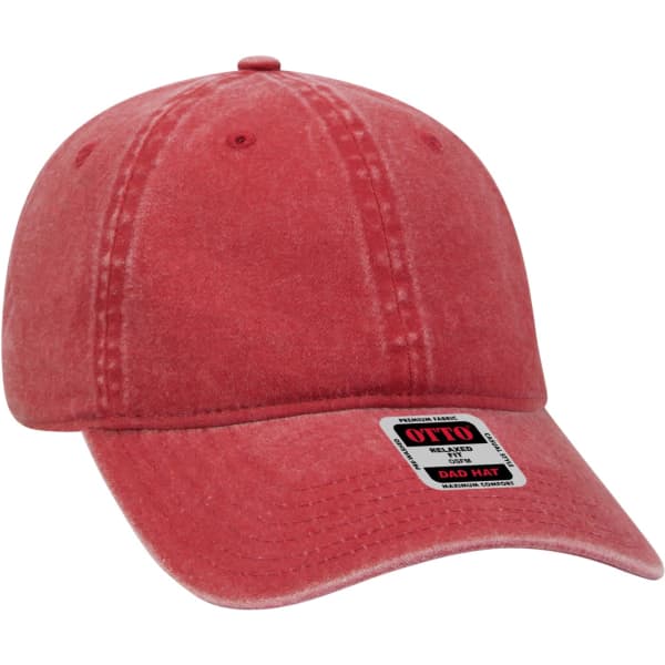A red, distressed 6 panel dad hat with a curved brim and an adjustable strap. It features a logo on the front.