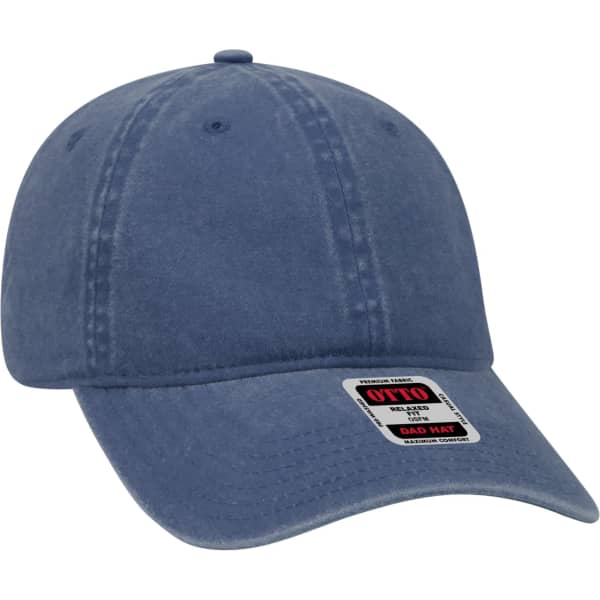A blue 6 panel dad hat featuring a relaxed fit, with a logo on the front and an adjustable strap at the back.