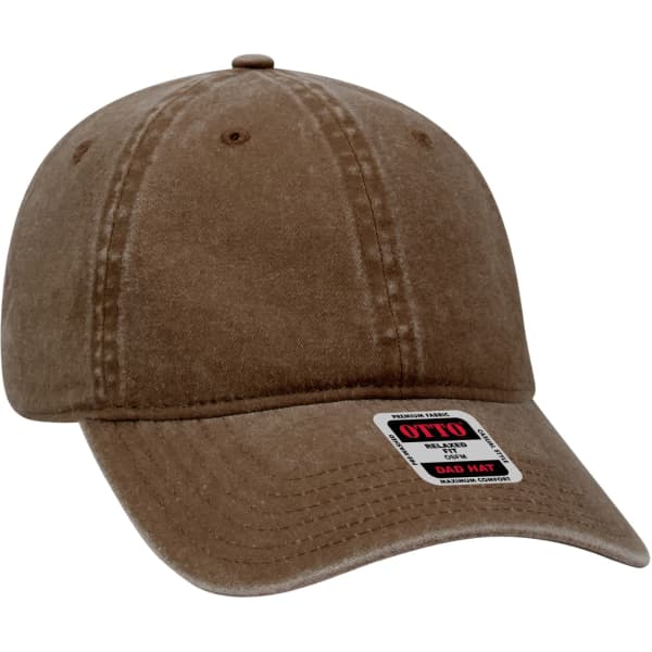 A brown 6-panel dad hat featuring a curved brim and an adjustable strap. It includes a logo on the front.