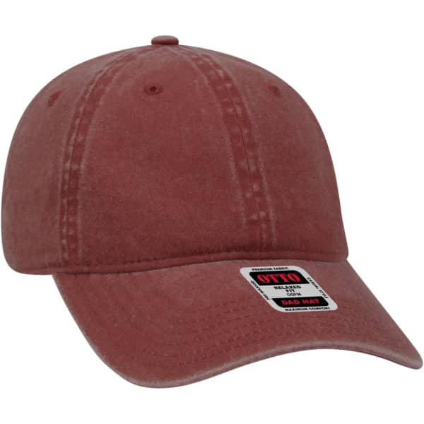 A six-panel dad hat in a dusty rose colour, featuring a branded logo on the front.