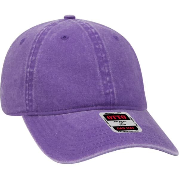 A purple 6 panel dad hat with a curved brim and a logo on the side. The fabric has a faded appearance.