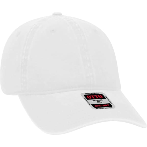 A white 6-panel dad hat featuring a curved brim and a logo label on the side.