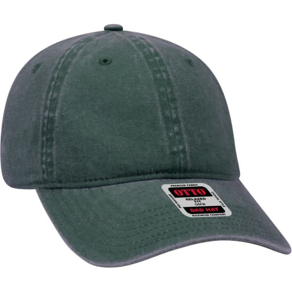 A green 6-panel dad hat with a curved brim and a logo on the front.