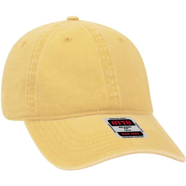 A yellow 6-panel dad hat with a curved brim and a logo label on the side. The fabric appears soft and textured.