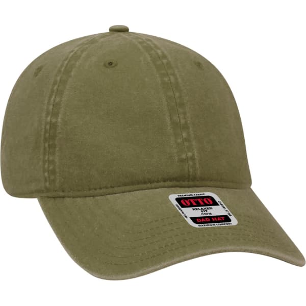 A khaki 6-panel dad hat featuring a curved brim and a logo tag on the side.