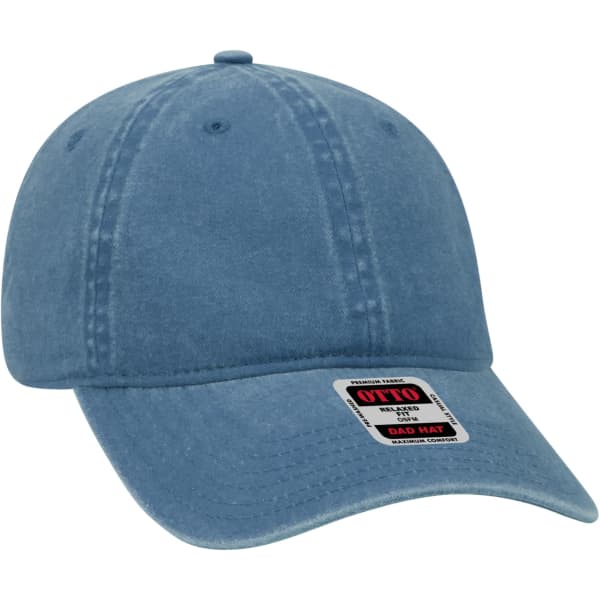 A blue 6 panel dad hat with a curved brim and a logo label on the front.