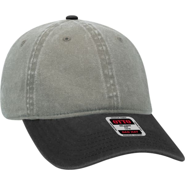 A grey and black 6-panel dad hat featuring a curved brim and a logo on the front.