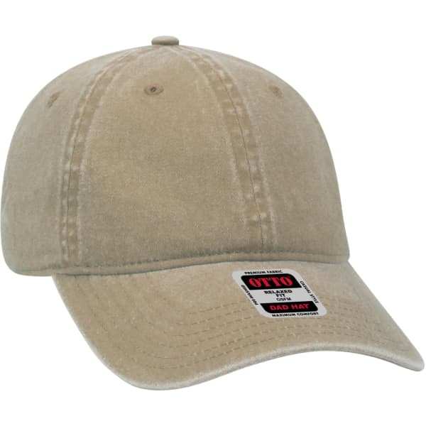 A light beige 6-panel dad hat featuring a curved brim and a branding label on the side.