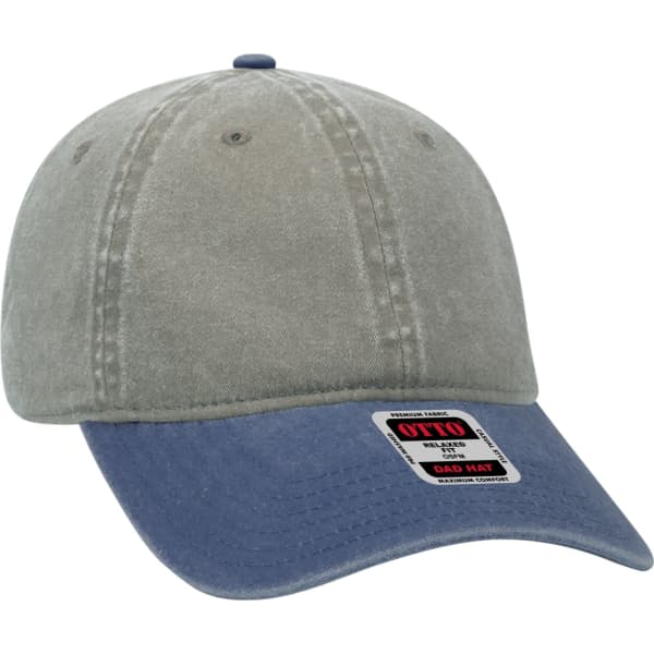 A two-tone dad hat featuring a grey crown and a navy peak. It has a logo on the front.