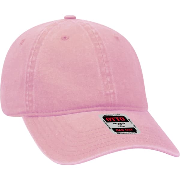 A pink 6-panel dad hat featuring a curved brim and an adjustable strap, with a logo on the side.