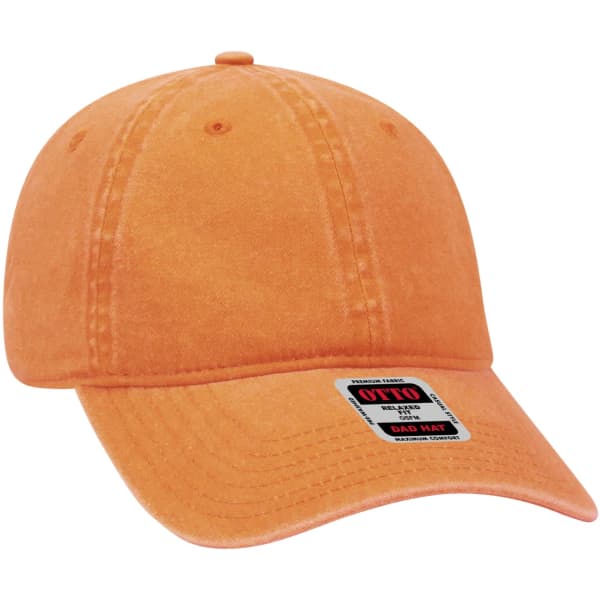 An orange 6 panel dad hat with a curved brim and a logo tag. The fabric has a textured look.