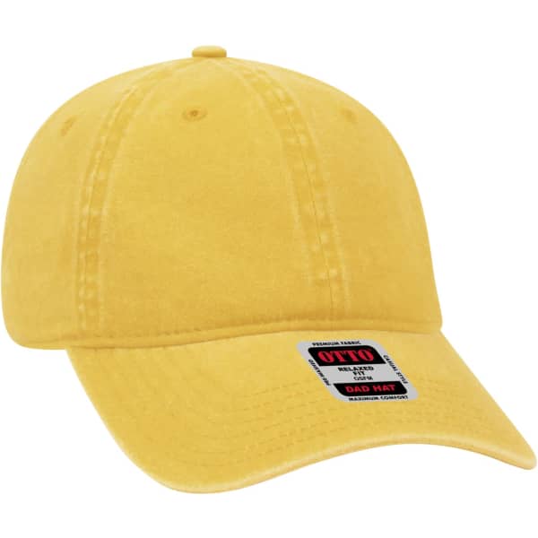 A yellow six-panel dad hat with a curved brim and a logo on the front.