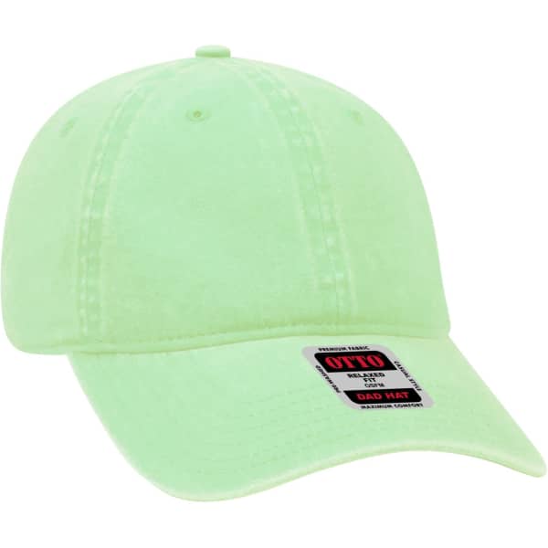 A light green 6 panel dad hat with a curved brim and a logo on the side.
