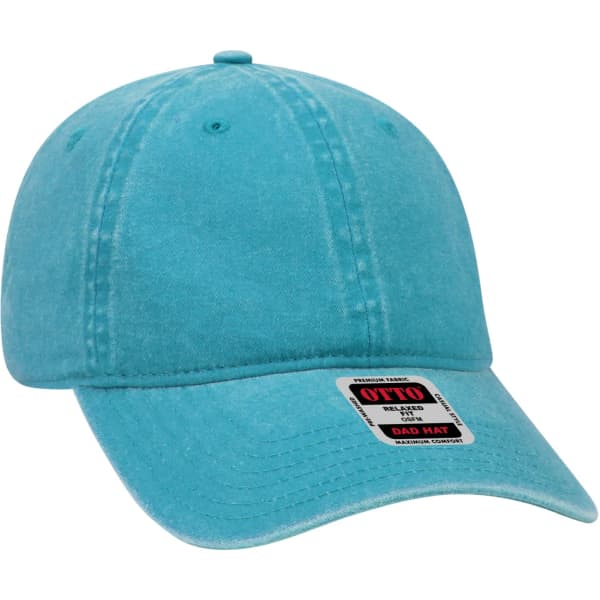 A turquoise 6-panel dad hat with a curved brim and a logo on the front.