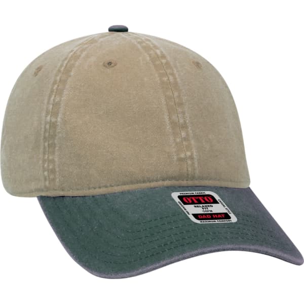 A 6 panel dad hat in beige with a dark green brim, featuring a logo on the front.