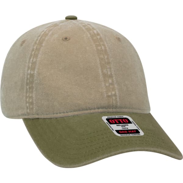 A beige and olive green 6 panel dad hat with a logo on the front. The hat has a curved brim and a casual style.