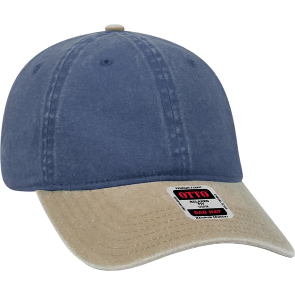 A blue and beige 6 panel dad hat with a curved brim and a logo on the front.