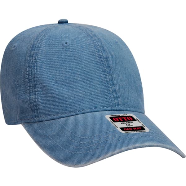 A light blue 6 panel dad hat with a curved brim and a logo on the front.