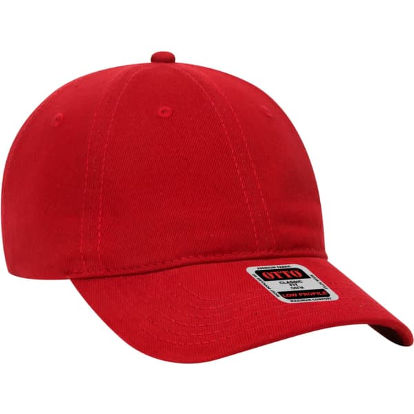A red six-panel baseball cap featuring a logo on the front and a curved brim.