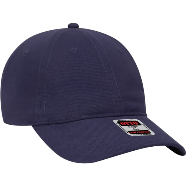 A navy blue 6-panel baseball cap with a curved peak and a logo on the front.
