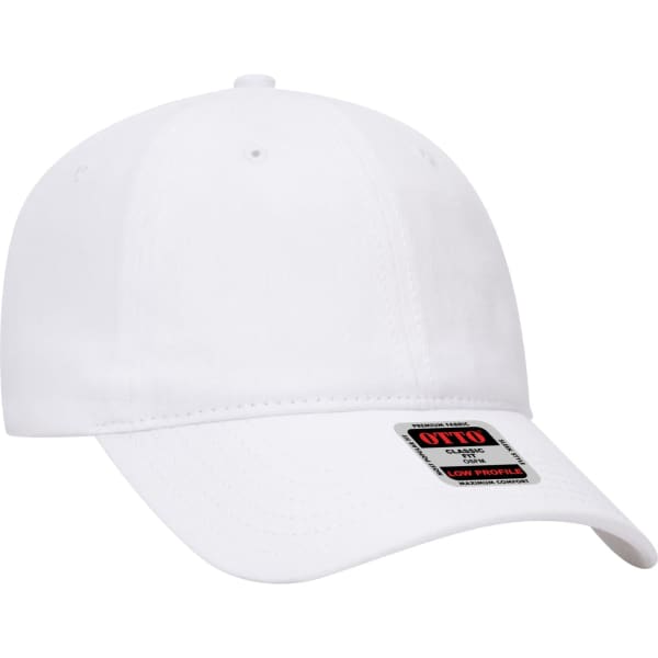 A white 6-panel baseball cap featuring a logo and an adjustable strap at the back.