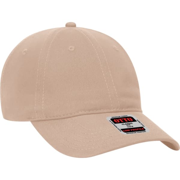 A beige 6 panel baseball cap with a curved brim and a logo on the side.