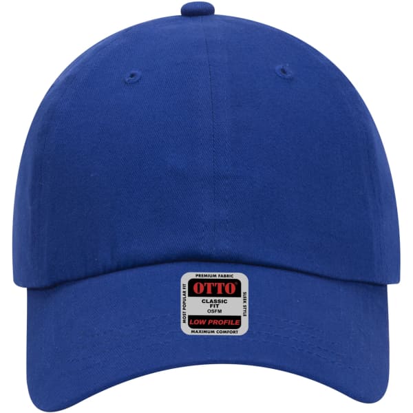A blue 6 panel low profile baseball dad cap with a label feature. The cap has a rounded crown and a curved brim.