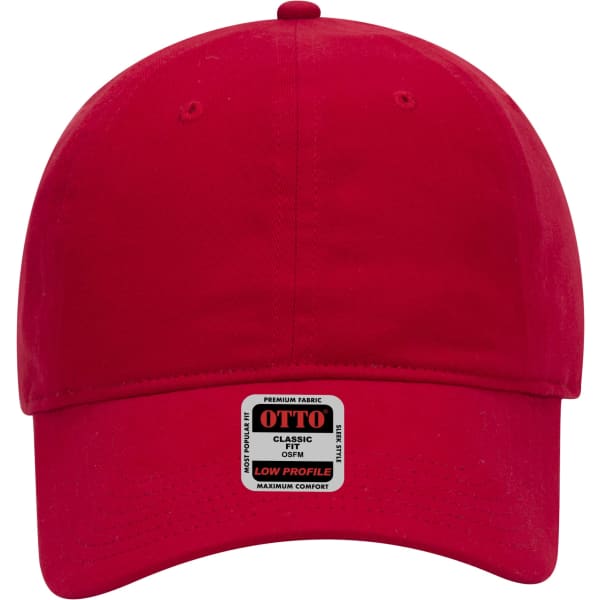 A red 6 Panel Low Profile Baseball Dad Cap with a branded tag and a curved brim.