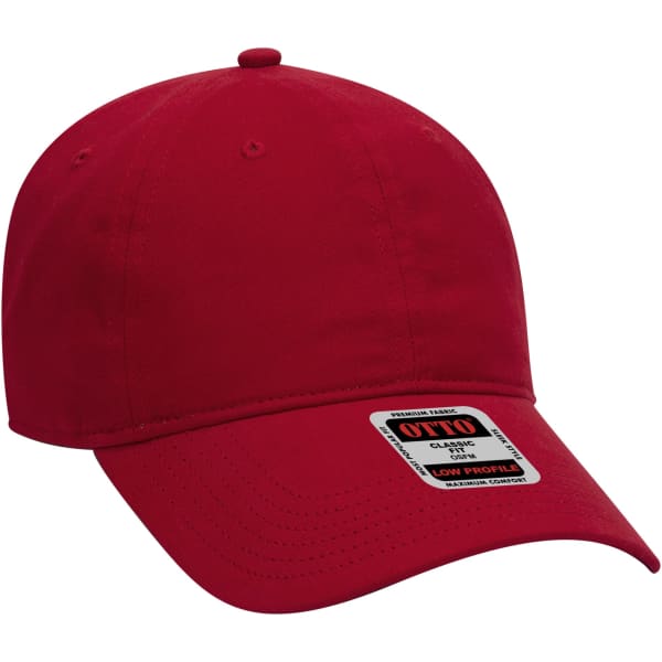 A red 6-panel baseball cap with a curved brim and a logo label on the side.