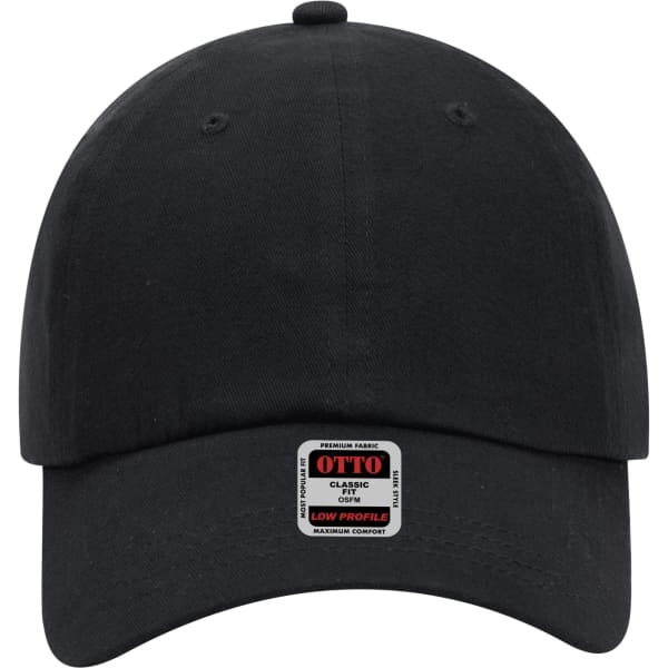 A black 6-panel low profile baseball dad cap with a logo patch on the front.