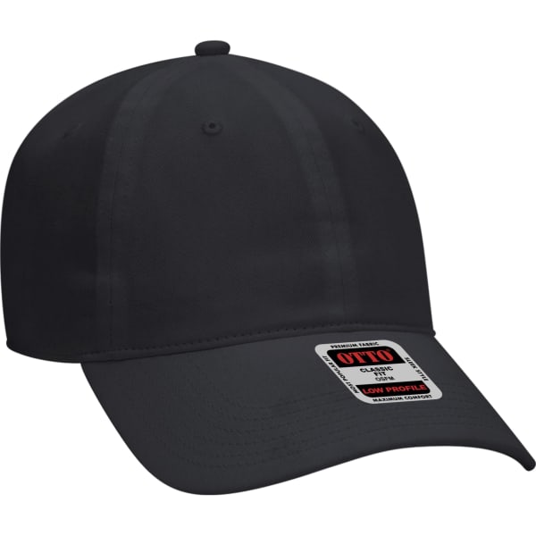 A black 6-panel baseball cap with a structured design and a logo on the front.
