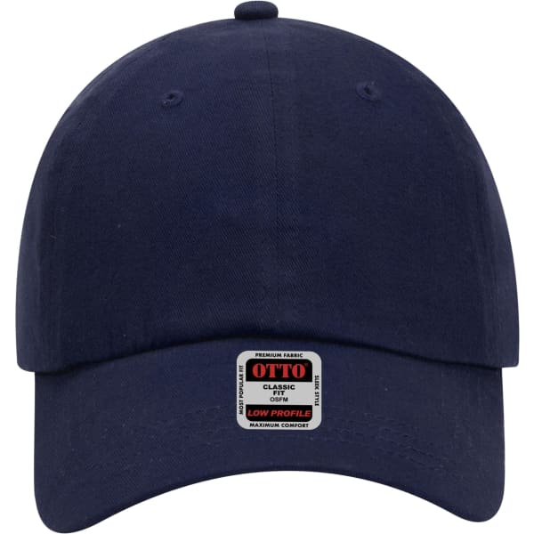 A navy blue 6-panel low profile baseball dad cap featuring a logo on the front.