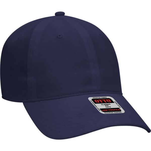 A navy 6-panel baseball cap with a curved brim and a branded label on the side.