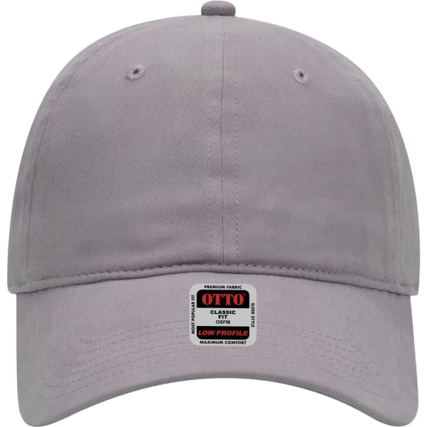 A low profile baseball dad cap in a soft grey shade with a branded tag on the front.